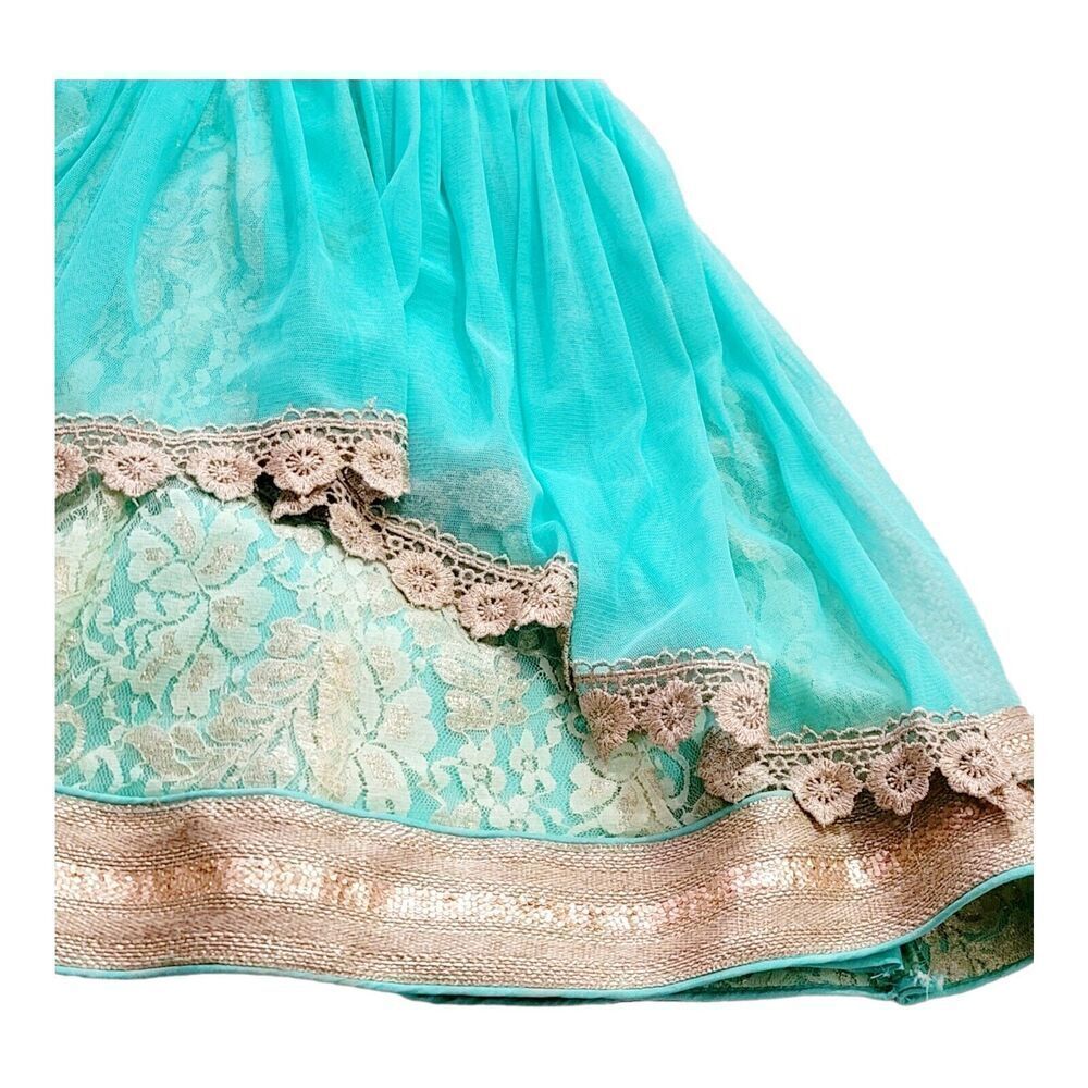 Beautiful Turquoise Blue And Gold Girls Dress Hand Embroidered Front Net Sleeves - Picture 5 of 11